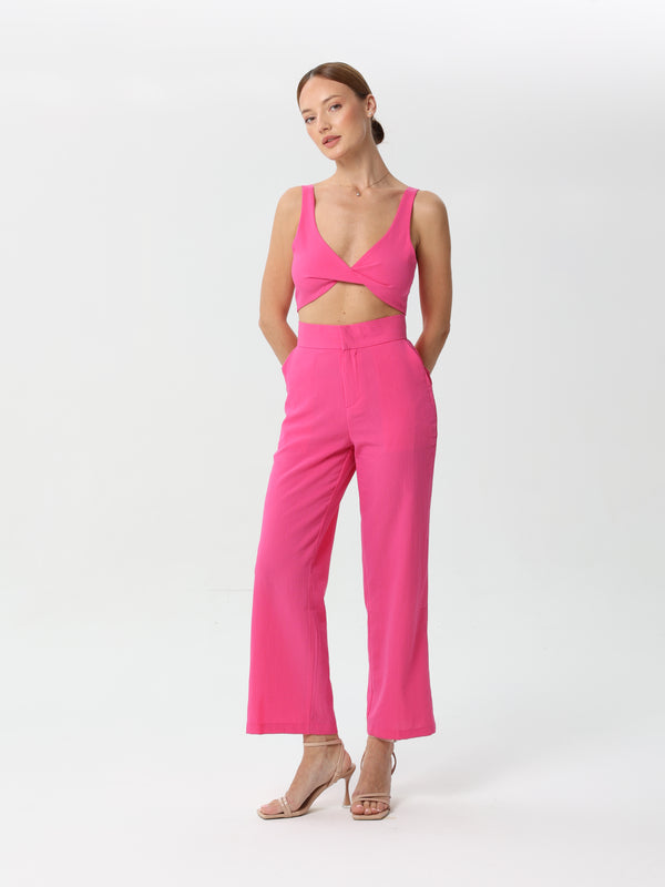 Two-piece set in solid color linen and a cropped blouse | set | W DE MODA