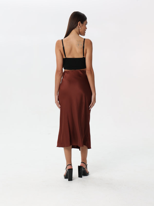 Side-pleated silk skirt with thigh slit