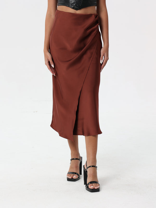 Side-pleated silk skirt with thigh slit