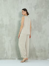 Beige silk blouse set with side ruched design