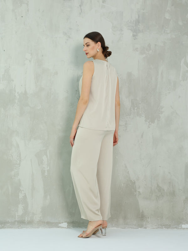 Beige silk blouse set with side ruched design