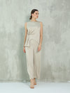 Beige silk blouse set with side ruched design
