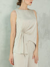 Beige silk blouse set with side ruched design