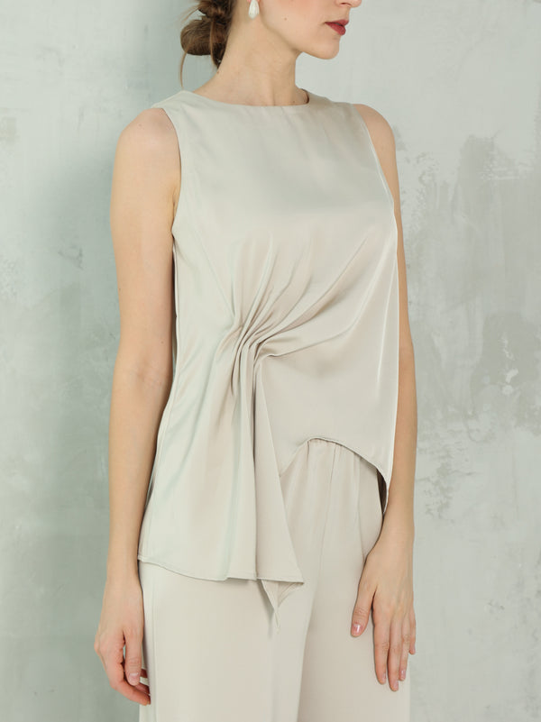 Beige silk blouse set with side ruched design