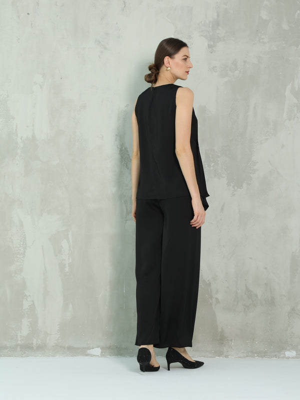Black silk blouse set with side ruched design