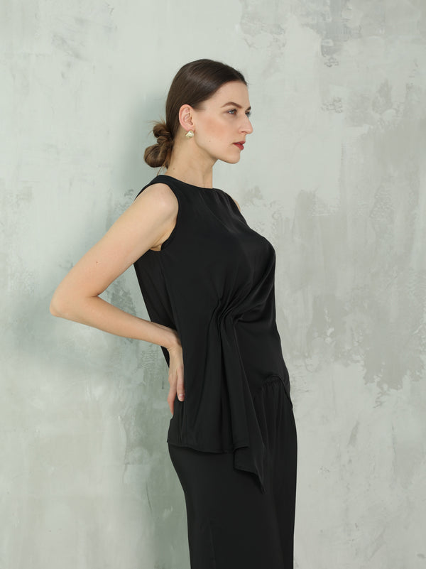 Black silk blouse set with side ruched design