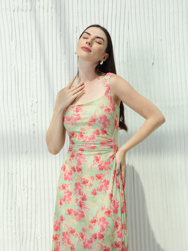Green summer cloche dress with floral print
