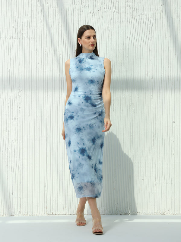 Printed dress with scalloped waist and high neck | W DE MODA