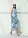 Printed dress with scalloped waist and high neck