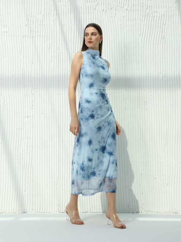 Printed dress with scalloped waist and high neck