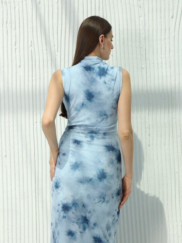 Printed dress with scalloped waist and high neck