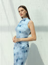Printed dress with scalloped waist and high neck