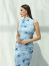 Printed dress with scalloped waist and high neck