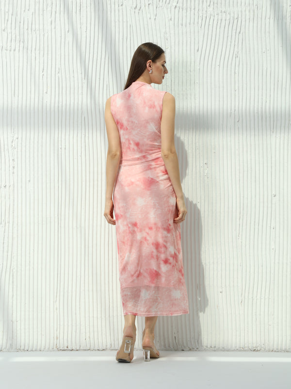 High neck pink dress with slit at the waist