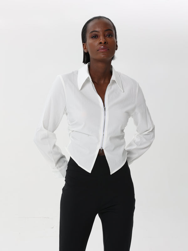 Blouse With Front Zip and Side Ruffles | Blouse | W DE MODA