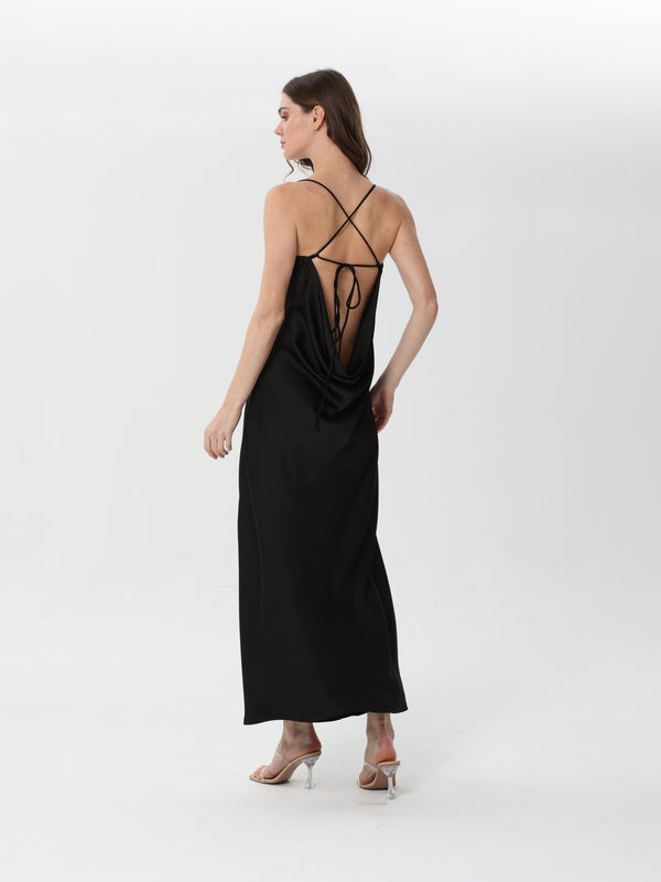 Silk dress with open back and ties at the back