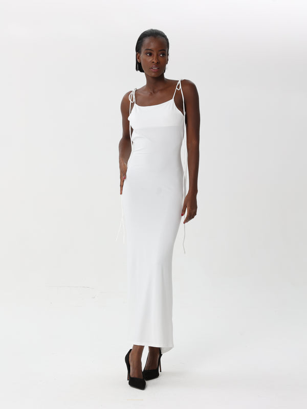 Fitted Silk Dress with Long Slit and Back Ties | Dresses | W DE MODA