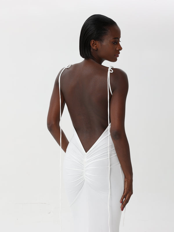 Fitted Silk Dress with Long Slit and Back Ties