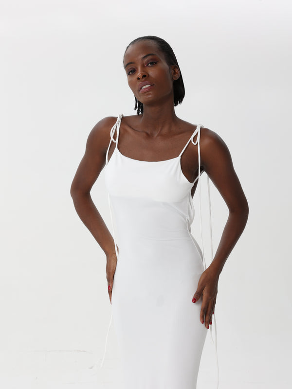 Fitted Silk Dress with Long Slit and Back Ties