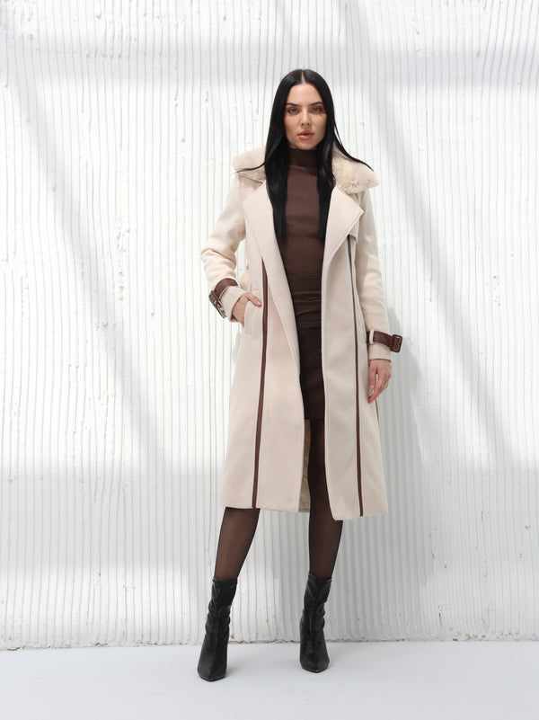 Long beige wool coat with leather details