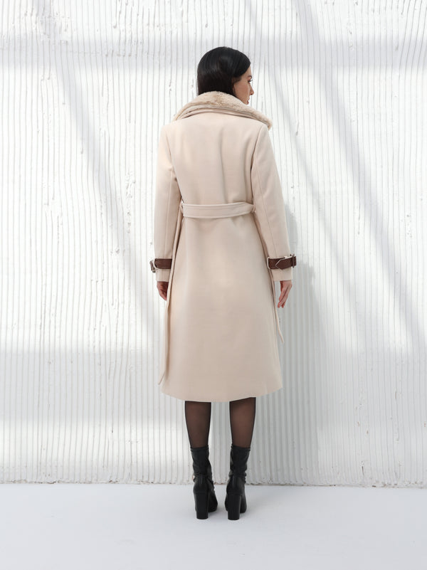 Long beige wool coat with leather details