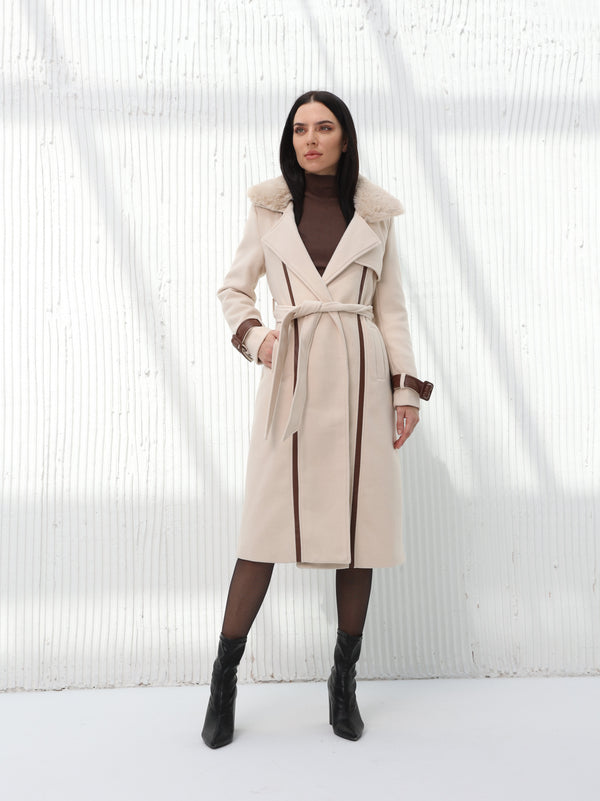 Long beige wool coat with leather details