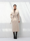 Long beige coat with fur collar and belt