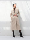Long beige coat with fur collar and belt