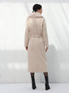 Long beige coat with fur collar and belt