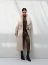 Long beige coat with fur collar and belt