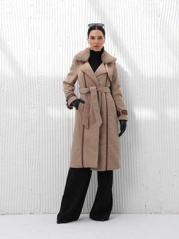 Long brown wool coat with leather details | W DE MODA