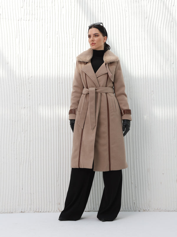 Long brown wool coat with leather details