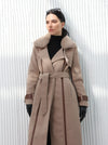 Long brown wool coat with leather details