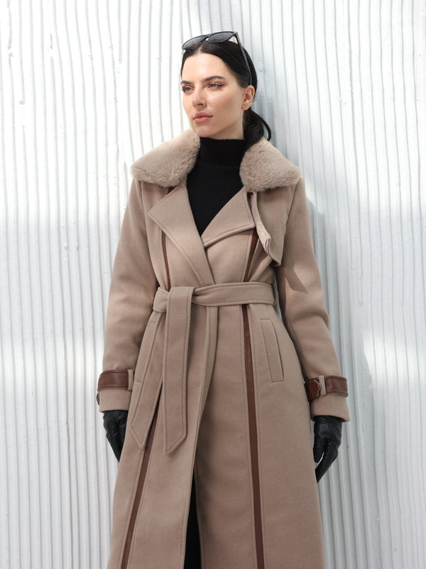 Long brown wool coat with leather details