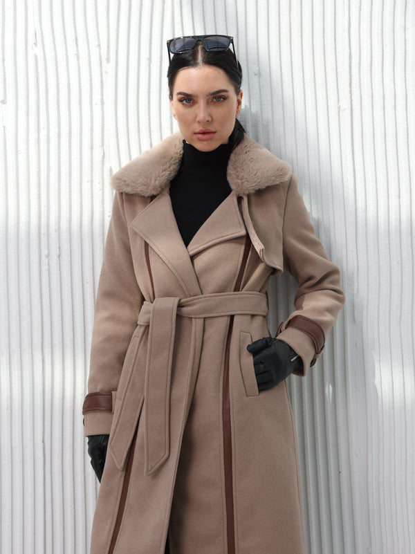 Long brown wool coat with leather details