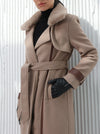 Long brown wool coat with leather details