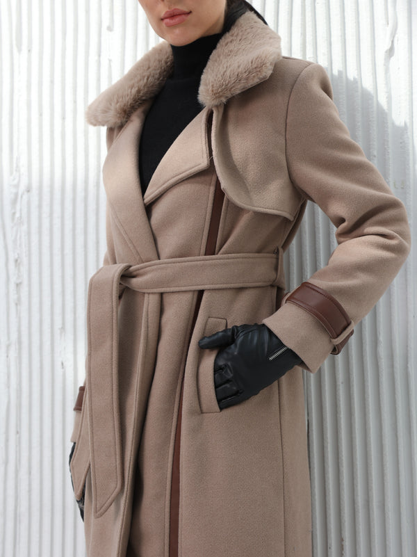 Long brown wool coat with leather details