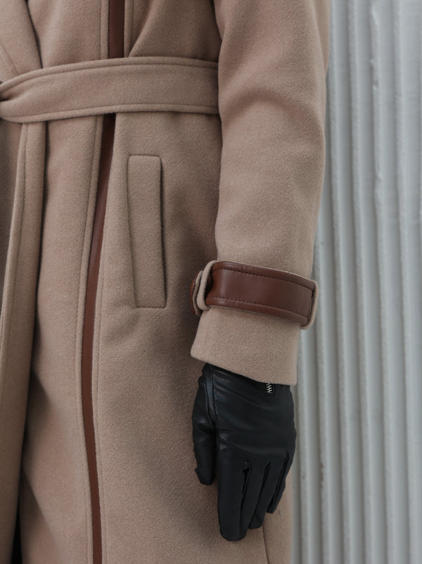 Long brown wool coat with leather details
