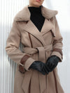 Long brown wool coat with leather details