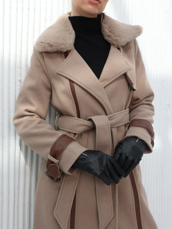 Long brown wool coat with leather details