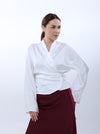 Wrap silk blouse and front ribbon style