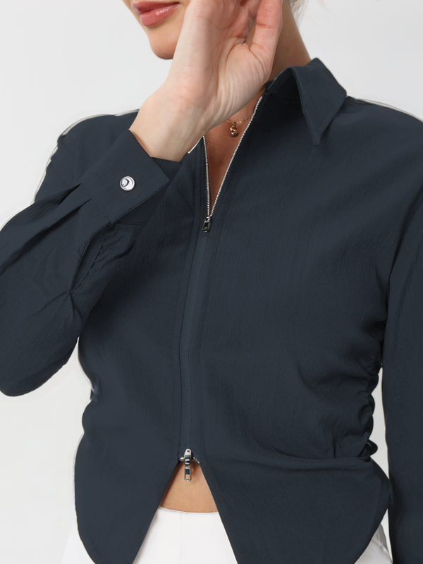 Blouse With Front Zip and Side Ruffles | Blouse | W DE MODA