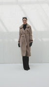 Long brown wool coat with leather details