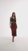Side-pleated silk skirt with thigh slit