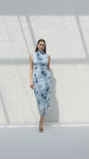 Printed dress with scalloped waist and high neck
