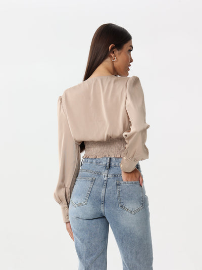 Silk blouse with ruffled shoulder and V neck