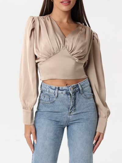 Silk blouse with ruffled shoulder and V neck