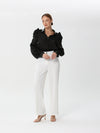 Organza blouse with leather collar, cuffs and ruffles at the shoulder | Blouse | W DE MODA