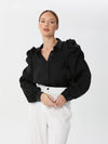 Organza blouse with leather collar, cuffs and ruffles at the shoulder | Blouse | W DE MODA