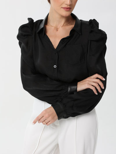 Organza blouse with leather collar, cuffs and ruffles at the shoulder